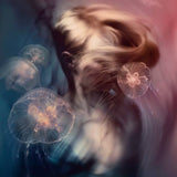 Person with flowing hair surrounded by jellyfish in a dreamy underwater scene