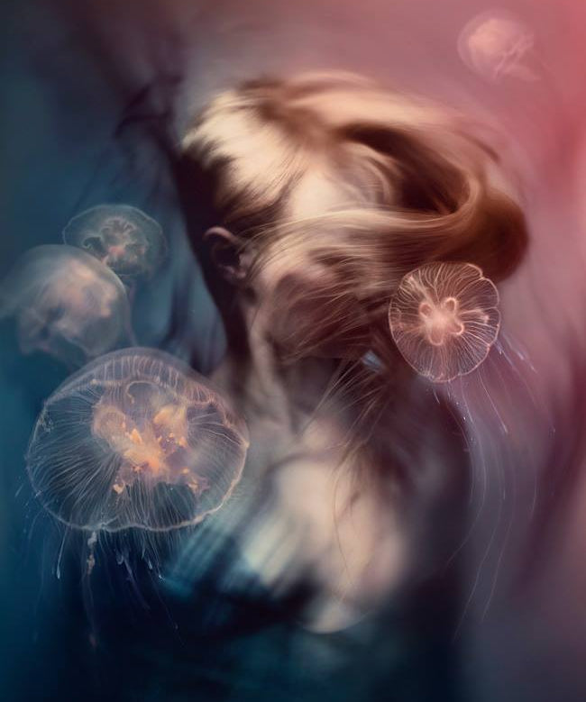 Person with flowing hair surrounded by jellyfish in a dreamy underwater scene
