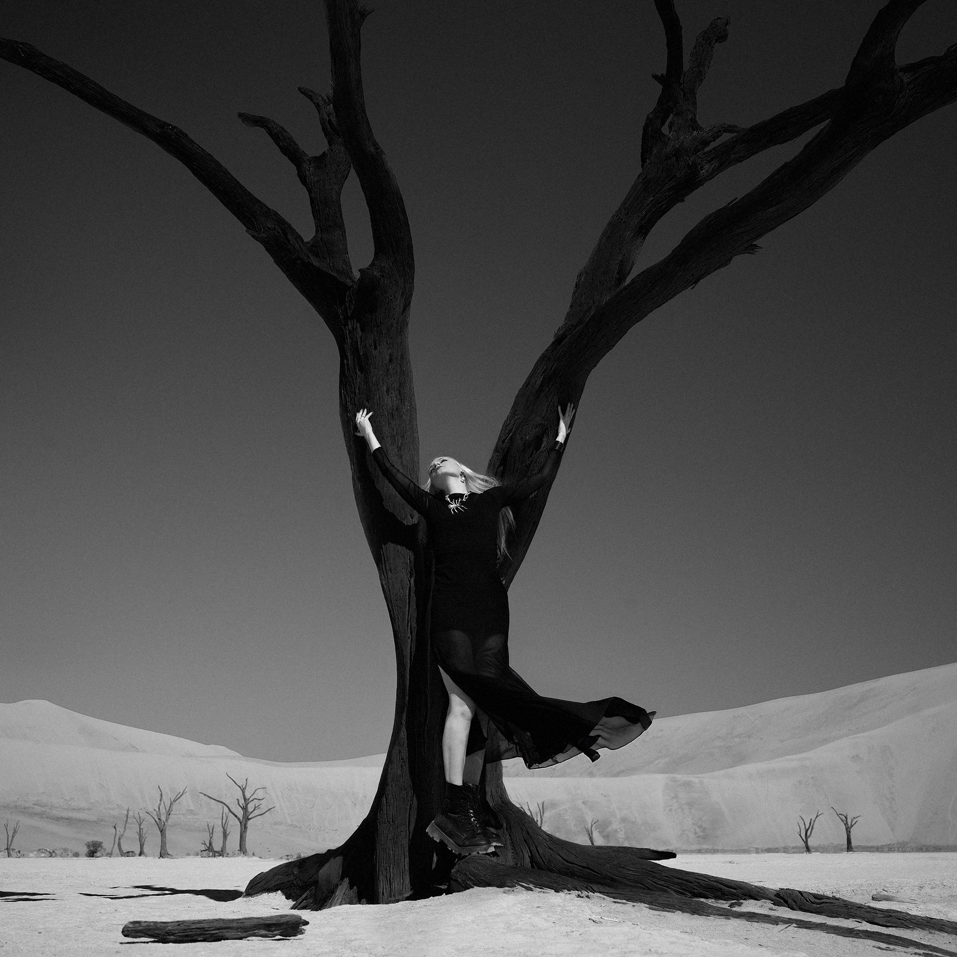 Person in a long coat climbing a bare tree in a snowy landscape