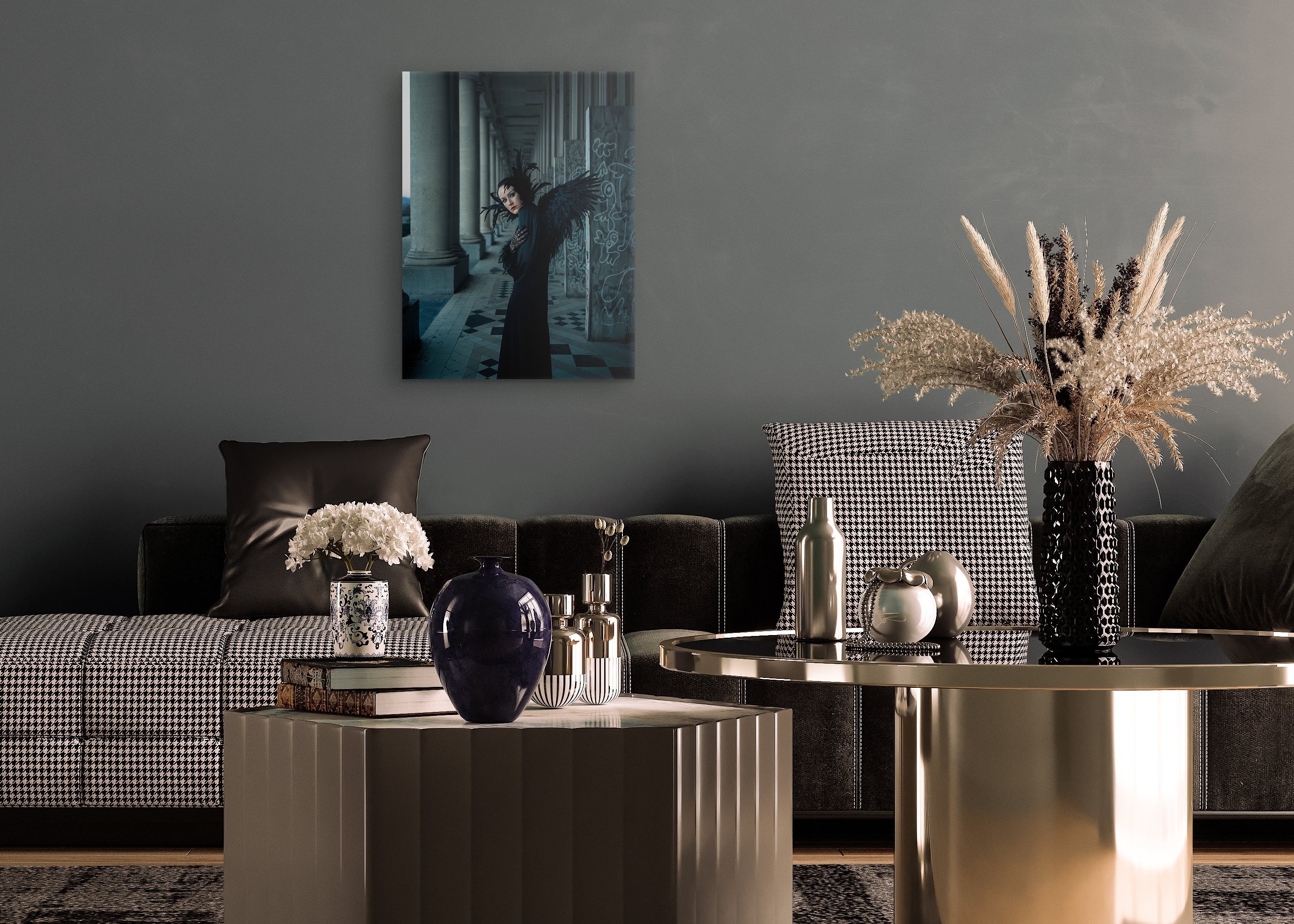 Modern living room with a painting on the wall, sofa, and decorative items.