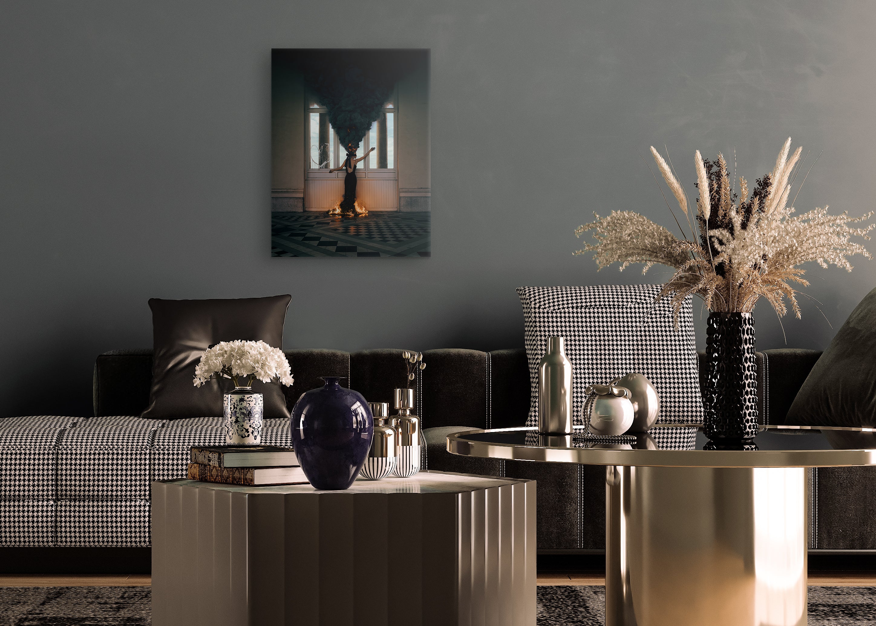 Modern living room with dark gray walls, a sofa, and decorative items.