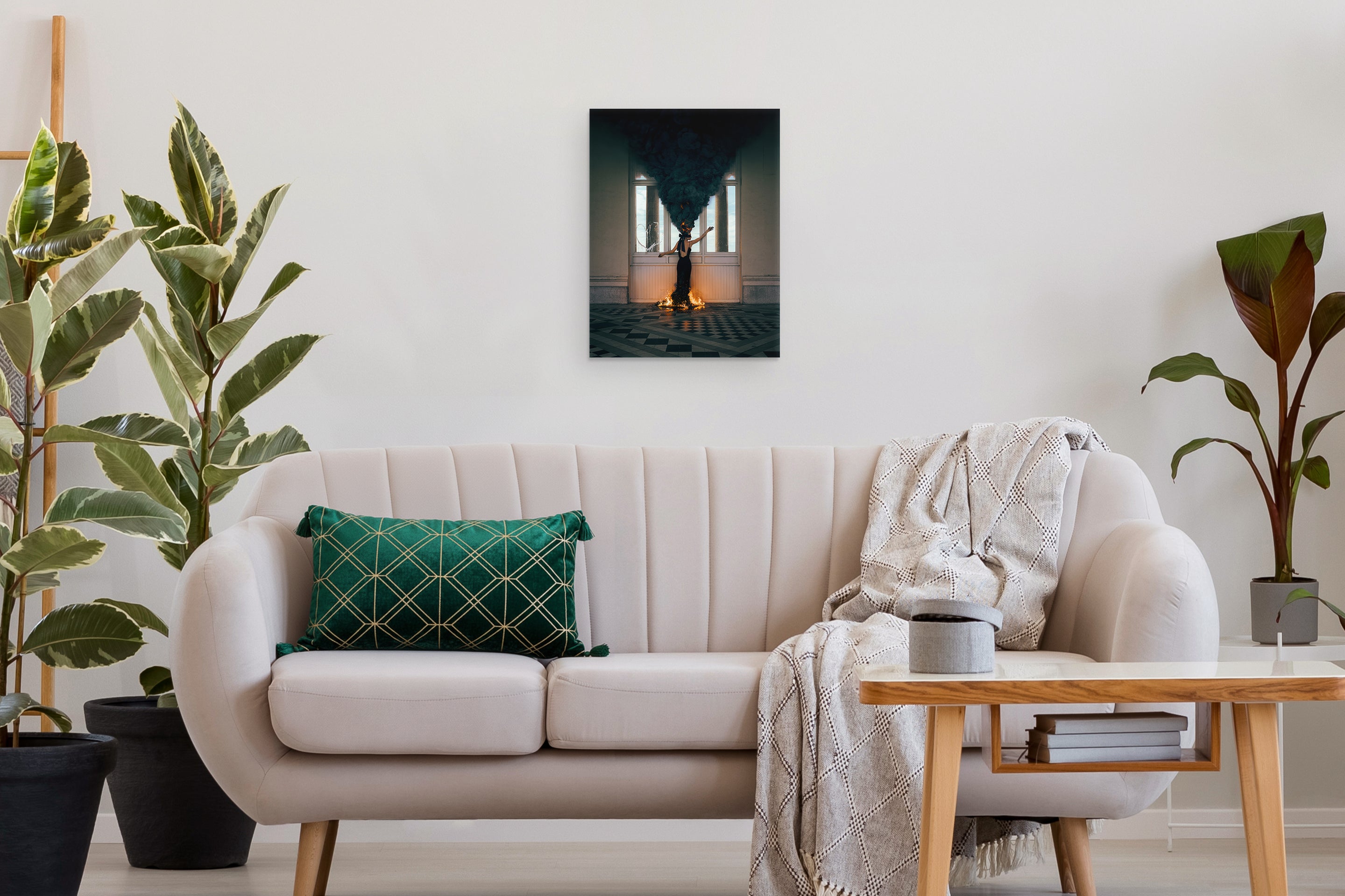 Living room with a beige sofa, decorative pillows, and a coffee table.